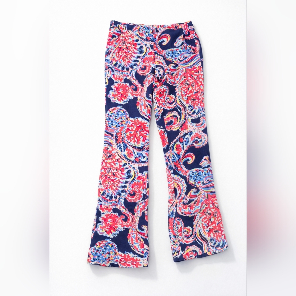 Navy Paisley Flare Leggings with Coral & Sky Accents
